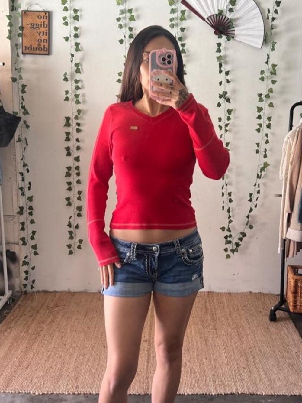 Vintage Y2K Pepe Jeans London red thermal V-neck long sleeve top size M